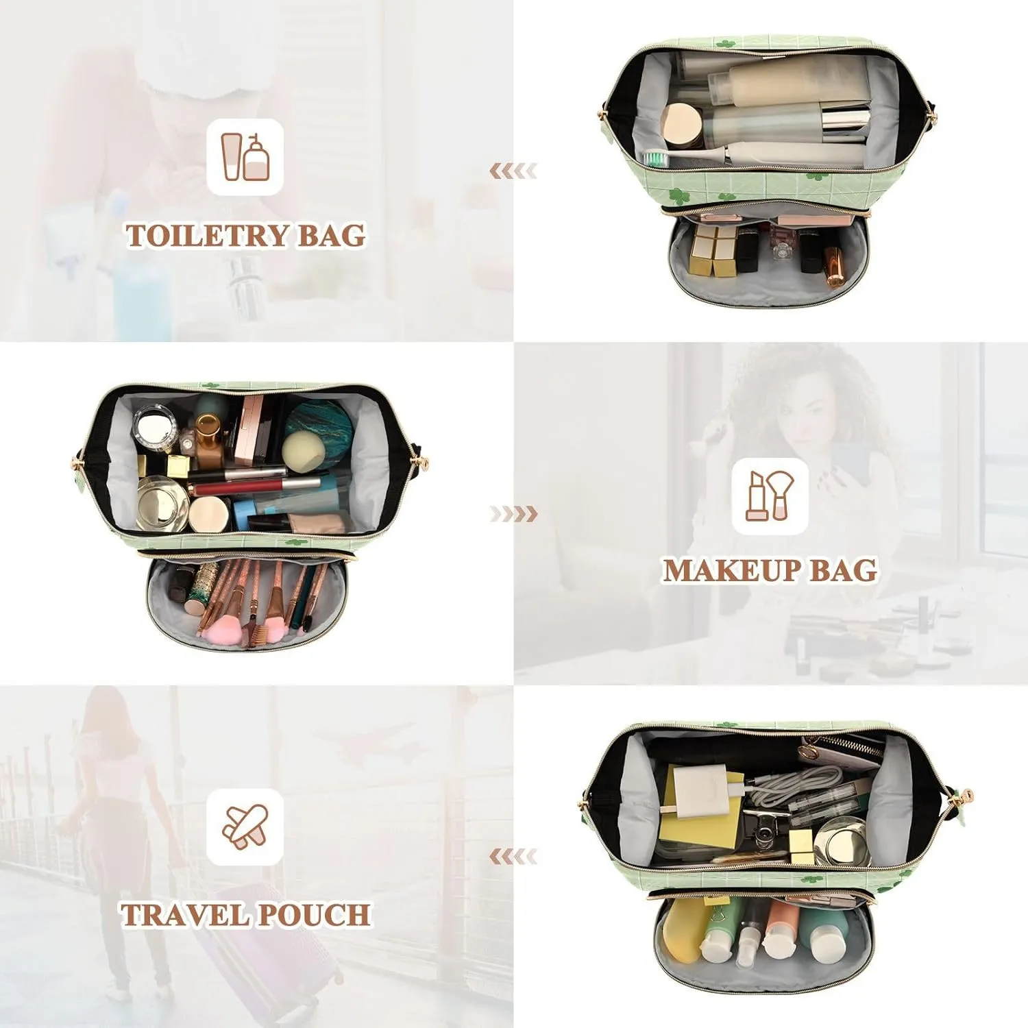 Clovers Light Green Cosmetics Bag Zipper Travel Toiletry Bag Women Cash Wallet for Toiletry Travel Kit Organizer