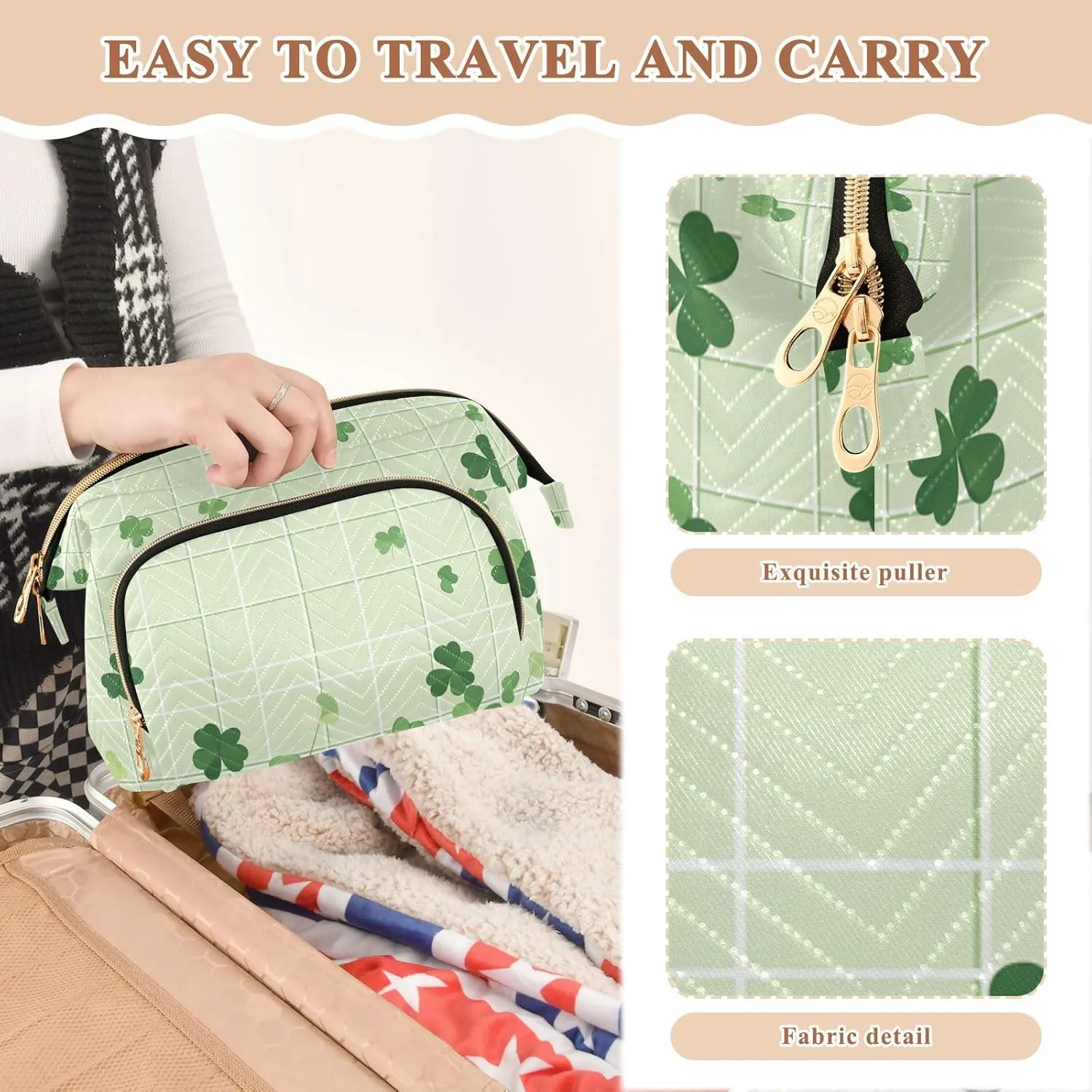 Clovers Light Green Cosmetics Bag Zipper Travel Toiletry Bag Women Cash Wallet for Toiletry Travel Kit Organizer
