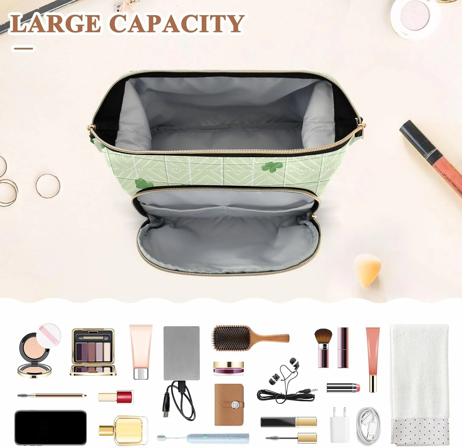 Clovers Light Green Cosmetics Bag Zipper Travel Toiletry Bag Women Cash Wallet for Toiletry Travel Kit Organizer