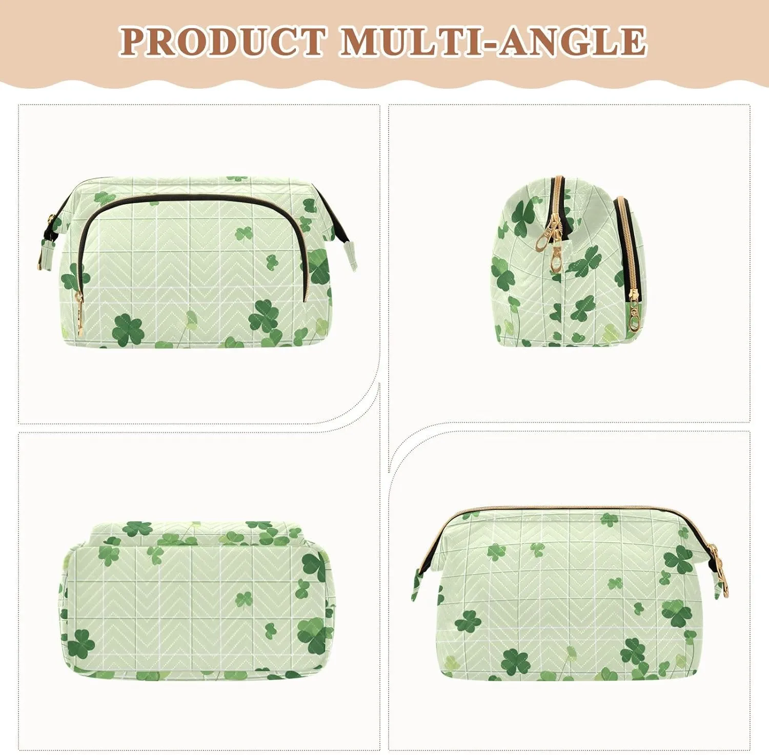 Clovers Light Green Cosmetics Bag Zipper Travel Toiletry Bag Women Cash Wallet for Toiletry Travel Kit Organizer
