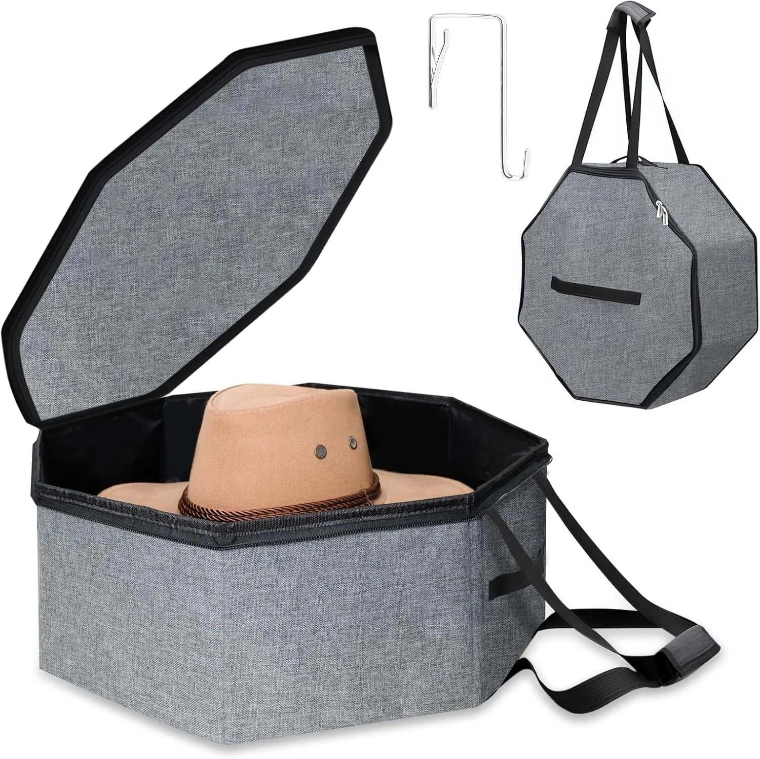 Collapsible Hat Box for Travel Closet Storage – Portable Cowboy Cap Organizer Case with Handles, Unisex Design for Women/Men, Large Durable Hat Carrier Bag (Grey)