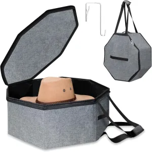 Collapsible Hat Box for Travel Closet Storage – Portable Cowboy Cap Organizer Case with Handles, Unisex Design for Women/Men, Large Durable Hat Carrier Bag (Grey)