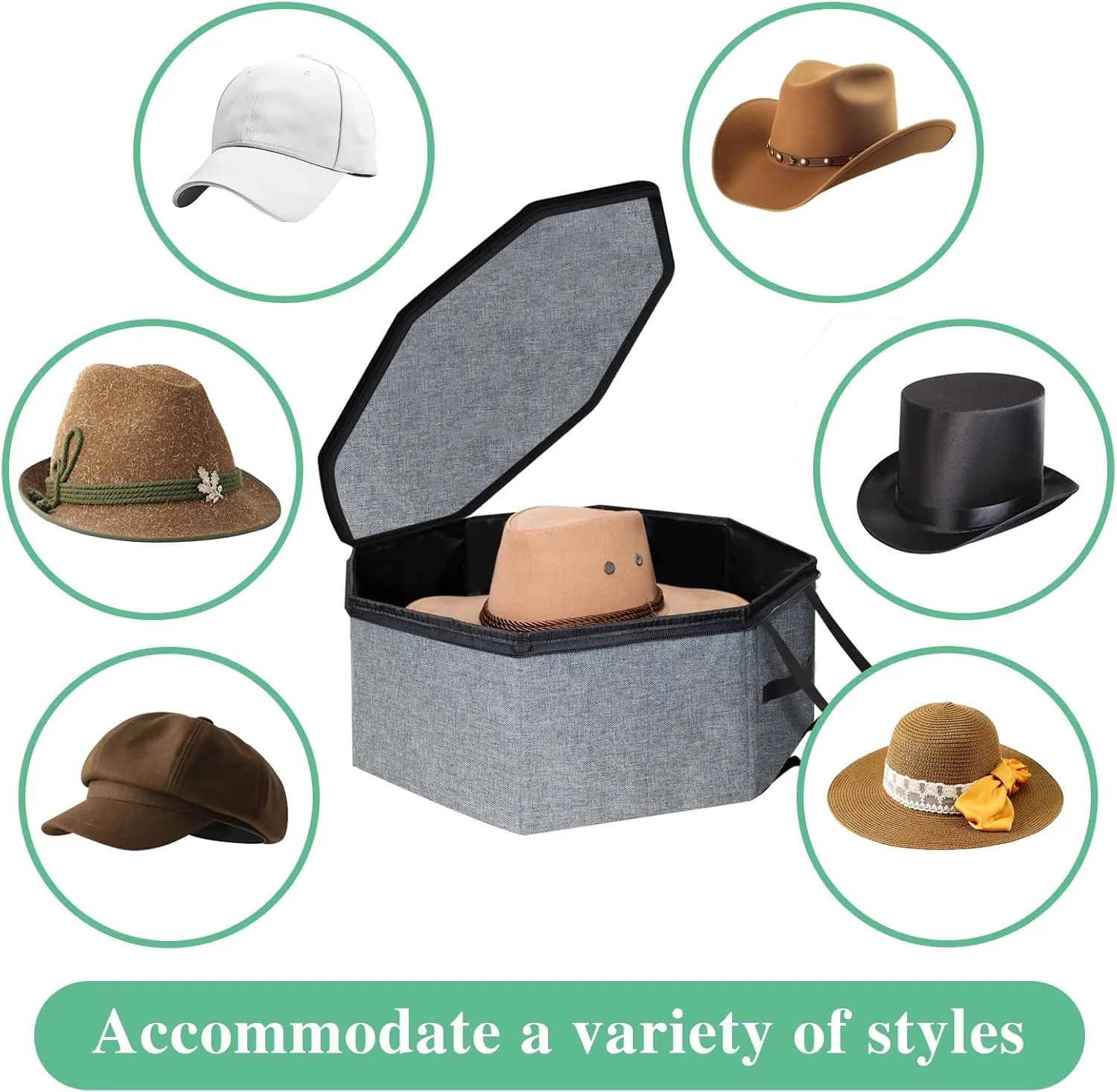 Collapsible Hat Box for Travel Closet Storage – Portable Cowboy Cap Organizer Case with Handles, Unisex Design for Women/Men, Large Durable Hat Carrier Bag (Grey)