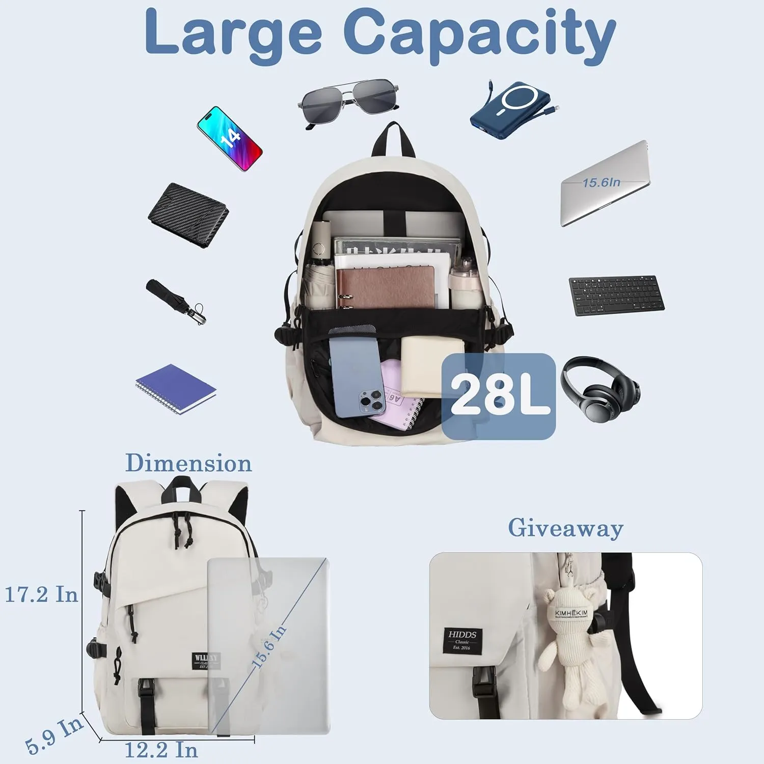 College Laptop Backpack for Men Women 15.6 Elementary Middle High School Book Bag For Teens Girls Boys Anti Theft Travel Backpacks Waterproof Casual Daypack Large Student Bookbags（Beige-M）