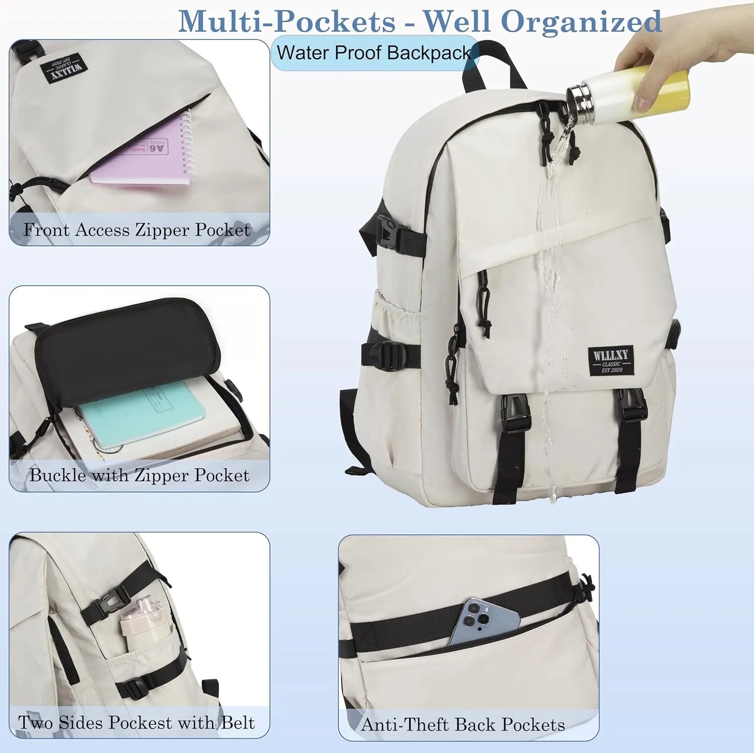 College Laptop Backpack for Men Women 15.6 Elementary Middle High School Book Bag For Teens Girls Boys Anti Theft Travel Backpacks Waterproof Casual Daypack Large Student Bookbags（Beige-M）