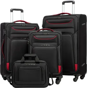 Coolife Luggage 4 Piece Set Suitcase TSA Lock Spinner Softshell lightweight (black red)