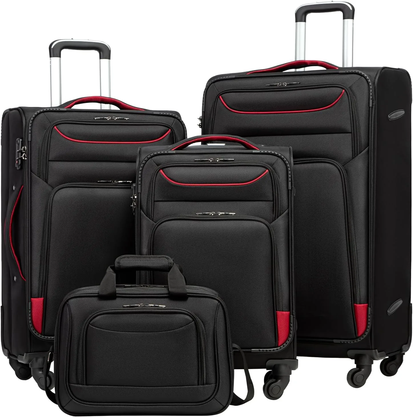 Coolife Luggage 4 Piece Set Suitcase TSA Lock Spinner Softshell lightweight (black red)