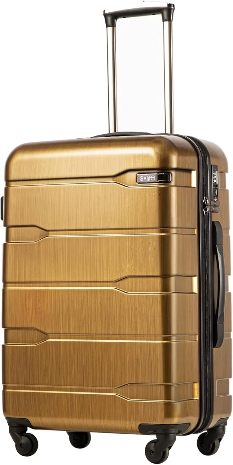 Coolife Luggage Expandable(only 28") Suitcase PC ABS Spinner Built-In TSA lock 20in 24in 28in Carry on (Black brown, M(24in).)