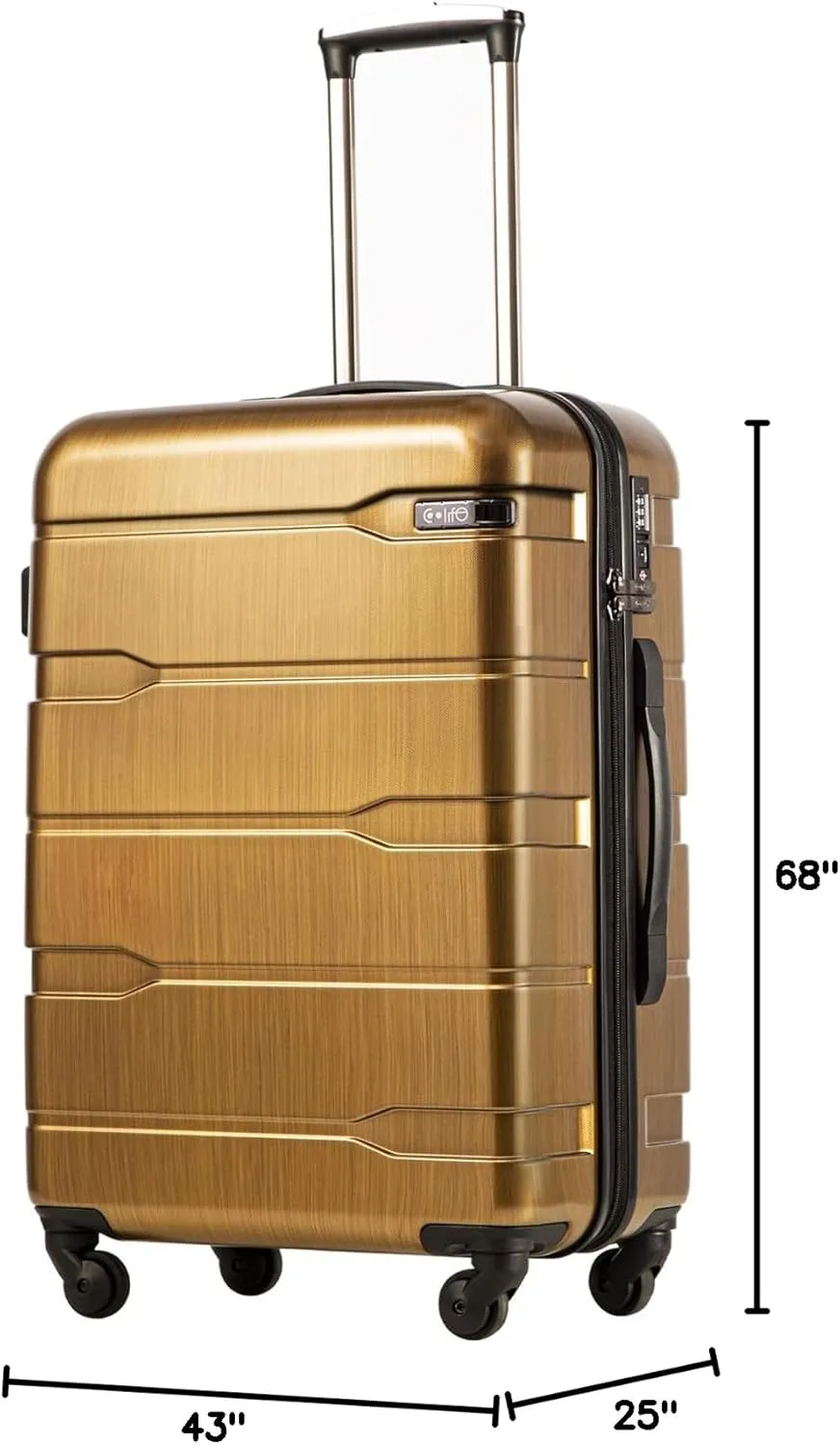 Coolife Luggage Expandable(only 28") Suitcase PC ABS Spinner Built-In TSA lock 20in 24in 28in Carry on (Black brown, M(24in).)