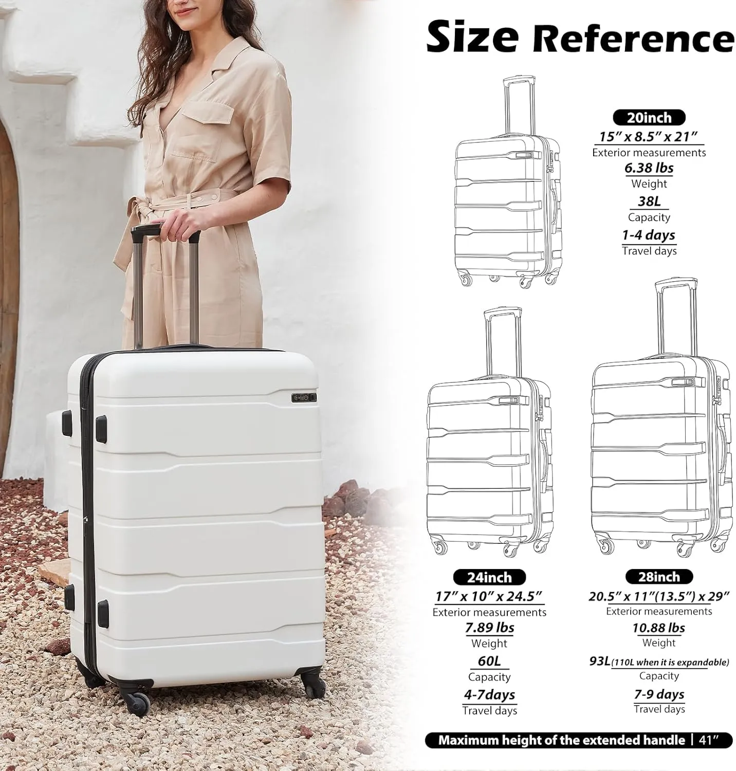 Coolife Luggage Expandable(only 28") Suitcase PC ABS Spinner Built-In TSA lock 20in 24in 28in Carry on (Caribbean Blue., L(28in).)