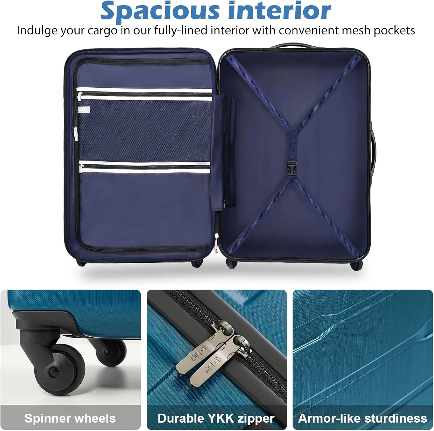 Coolife Luggage Expandable(only 28") Suitcase PC ABS Spinner Built-In TSA lock 20in 24in 28in Carry on (Caribbean Blue., L(28in).)