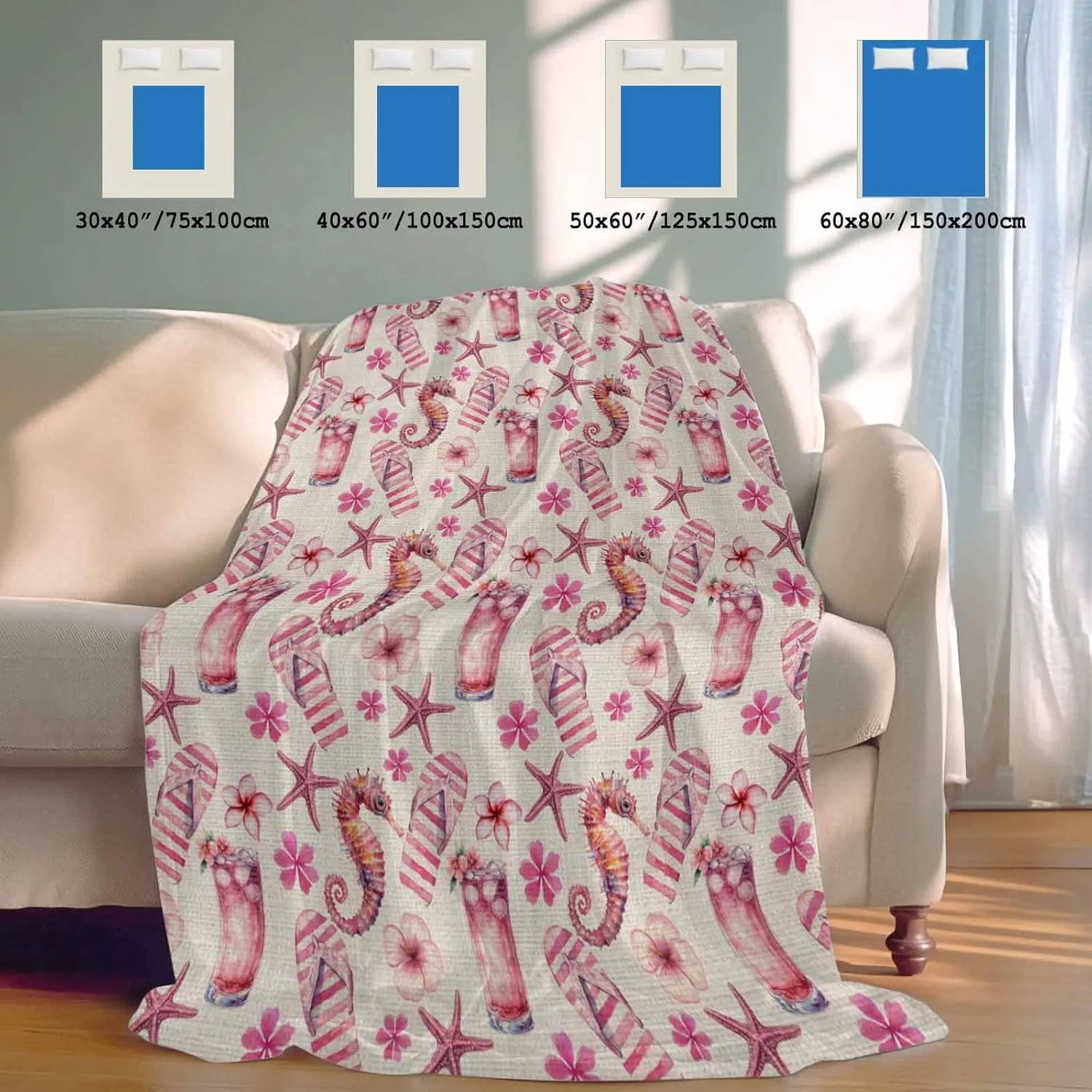 Cooling Blanket 40" x 60" Summer Seahorse Starfish Slippers Rustic Linen Breathable Summer Blankets Thin Lightweight Cooling Comforters for Hot Sleepers Throw Blankets for Bed Sofa Couch