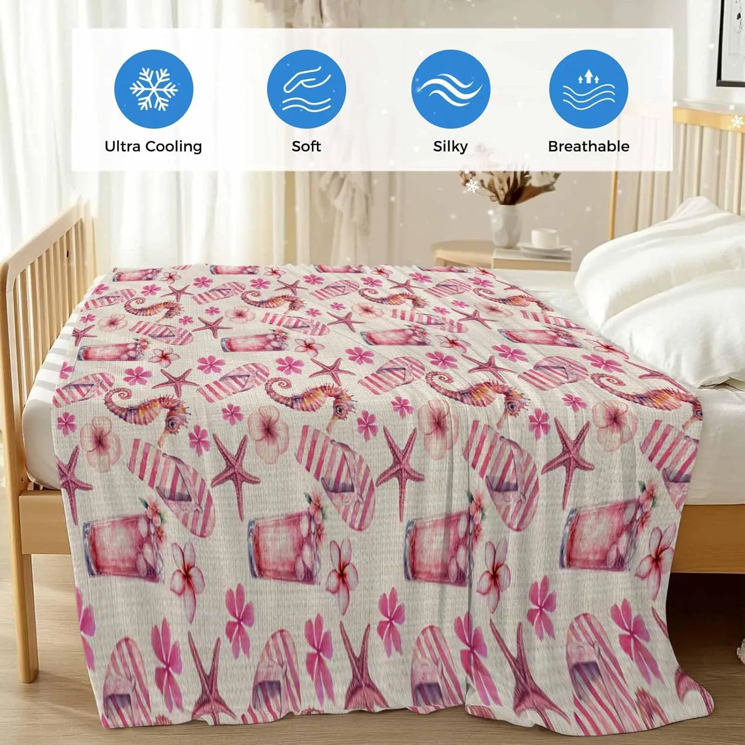 Cooling Blanket 40" x 60" Summer Seahorse Starfish Slippers Rustic Linen Breathable Summer Blankets Thin Lightweight Cooling Comforters for Hot Sleepers Throw Blankets for Bed Sofa Couch