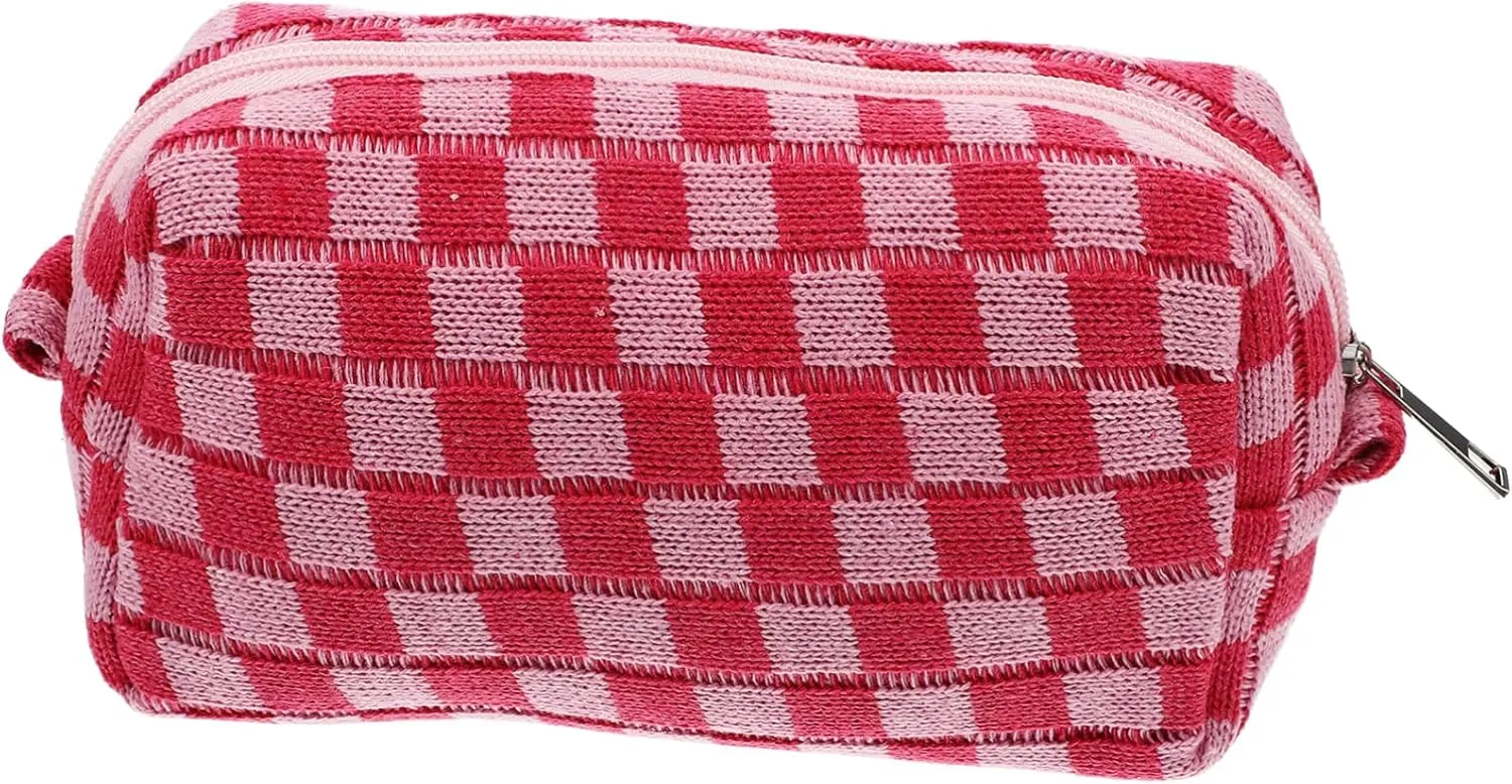 Cosmetic Bag Purse for Girls Makeup Travel Bag Woolen Outdoor Toiletries Bag Miss Lipstick Checkered, Pink, 17X10CM
