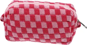 Cosmetic Bag Purse for Girls Makeup Travel Bag Woolen Outdoor Toiletries Bag Miss Lipstick Checkered, Pink, 17X10CM