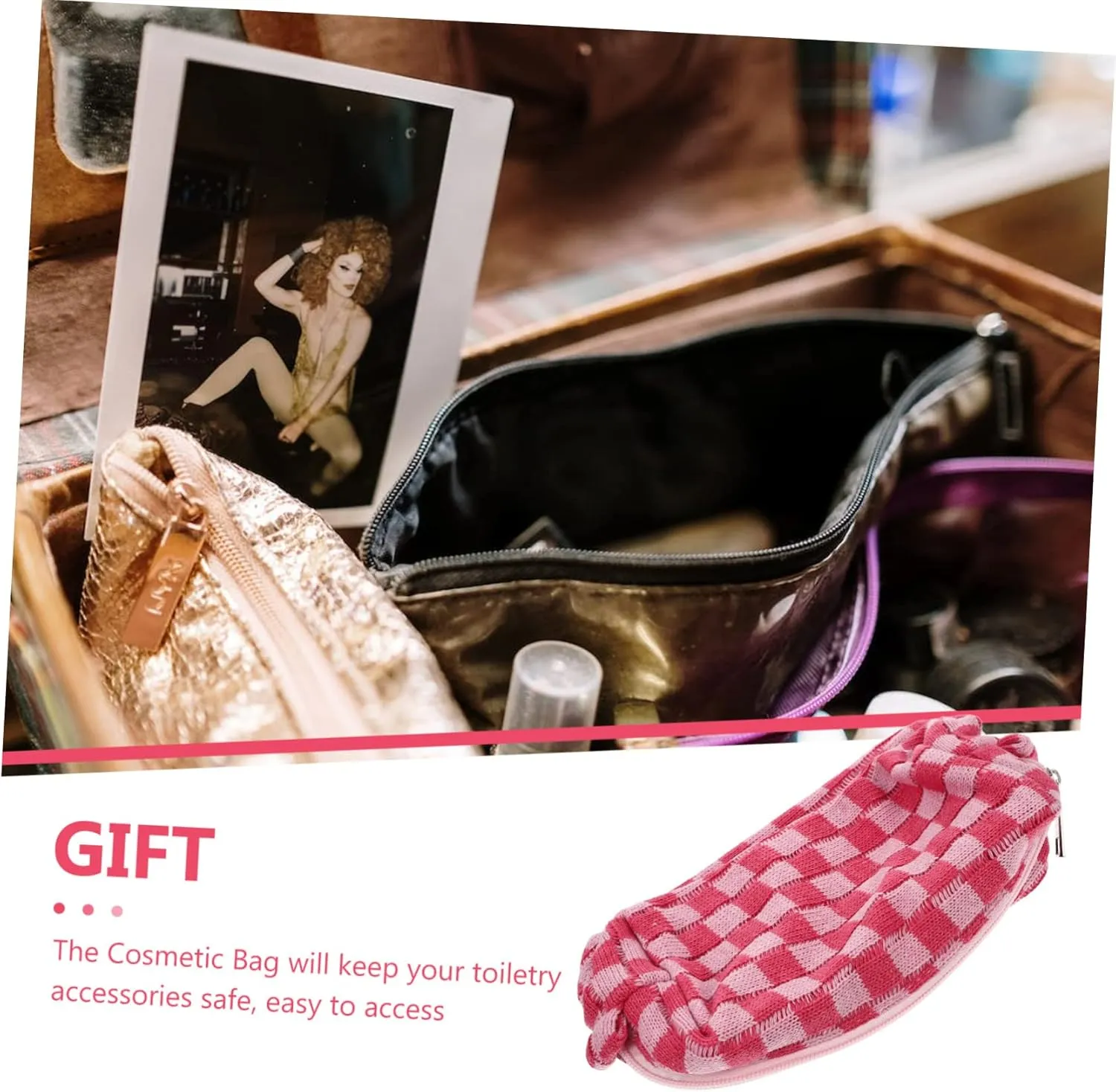 Cosmetic Bag Purse for Girls Makeup Travel Bag Woolen Outdoor Toiletries Bag Miss Lipstick Checkered, Pink, 17X10CM