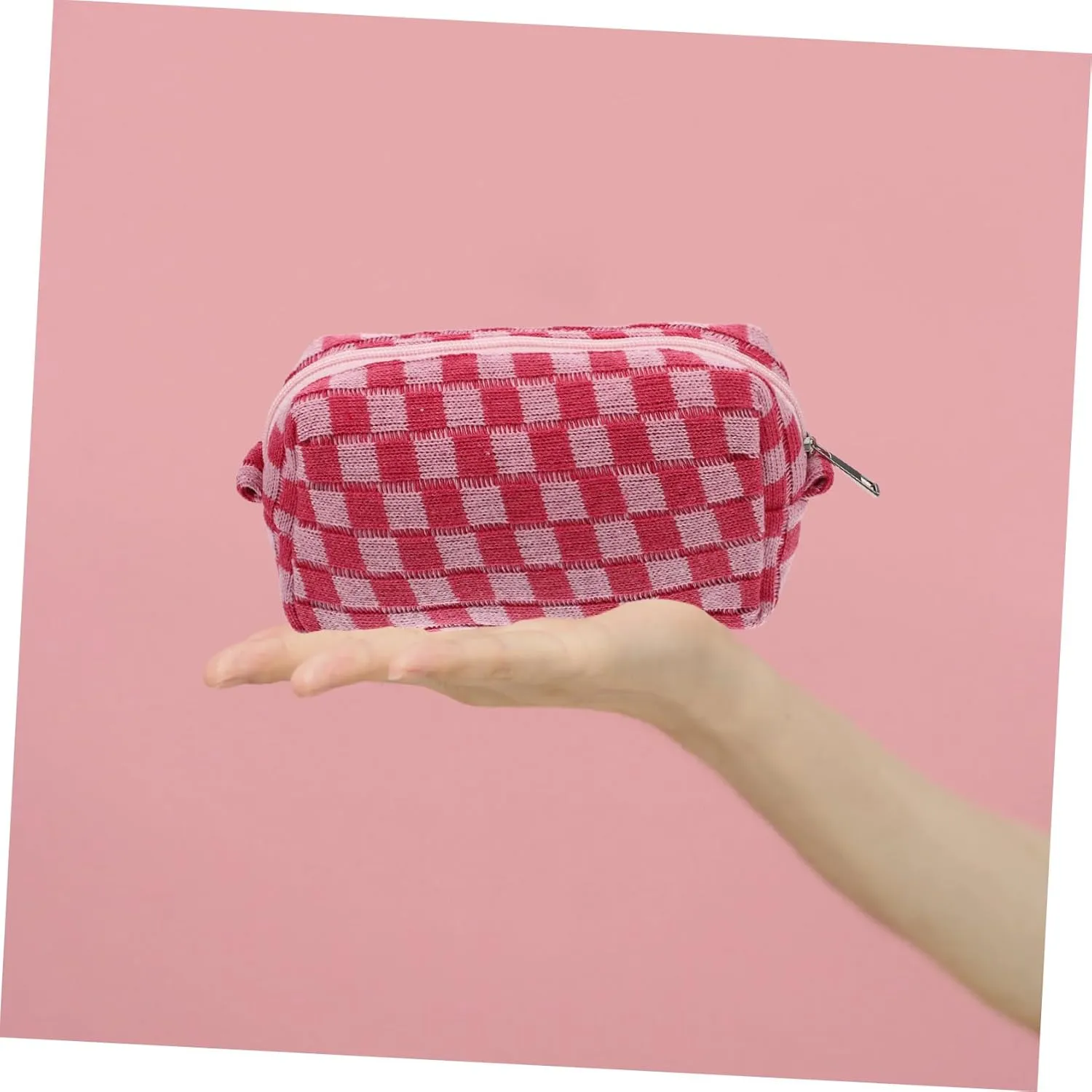 Cosmetic Bag Purse for Girls Makeup Travel Bag Woolen Outdoor Toiletries Bag Miss Lipstick Checkered, Pink, 17X10CM