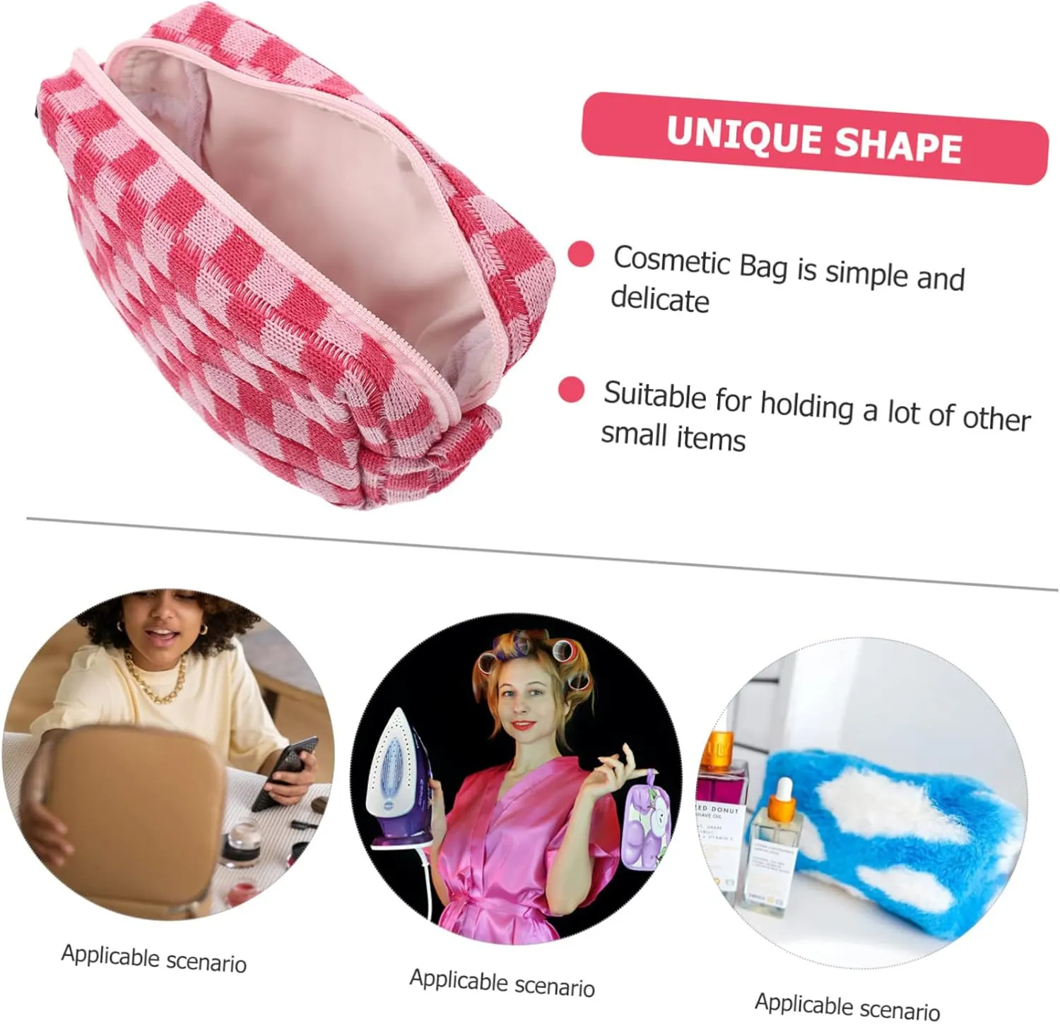 Cosmetic Bag Purse for Girls Makeup Travel Bag Woolen Outdoor Toiletries Bag Miss Lipstick Checkered, Pink, 17X10CM