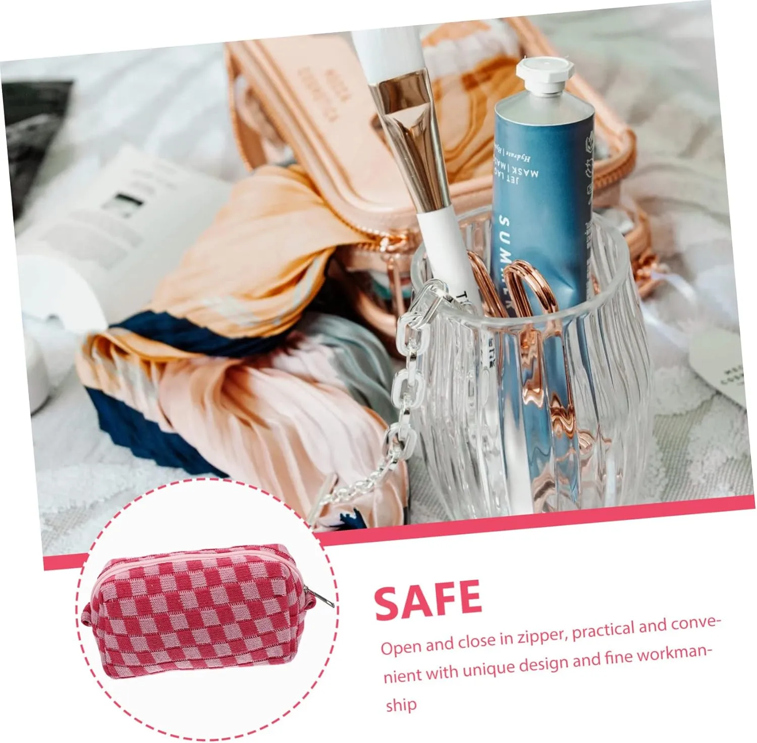 Cosmetic Bag Purse for Girls Makeup Travel Bag Woolen Outdoor Toiletries Bag Miss Lipstick Checkered, Pink, 17X10CM