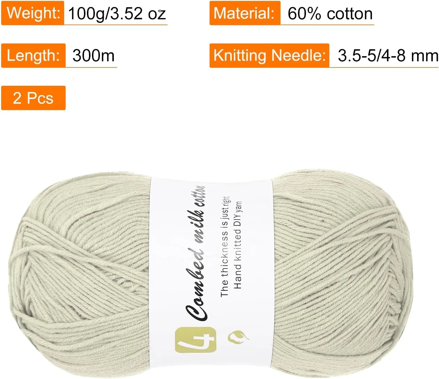 Cotton Yarn, 60% Cotton, 40% Acrylic Soft Knitting Yarn [for Hand DIY Bag Cushion Crocheting Knitting ] -2 Packages of 100g/3.52oz(Per Skein 100g/361yards)/Apricot