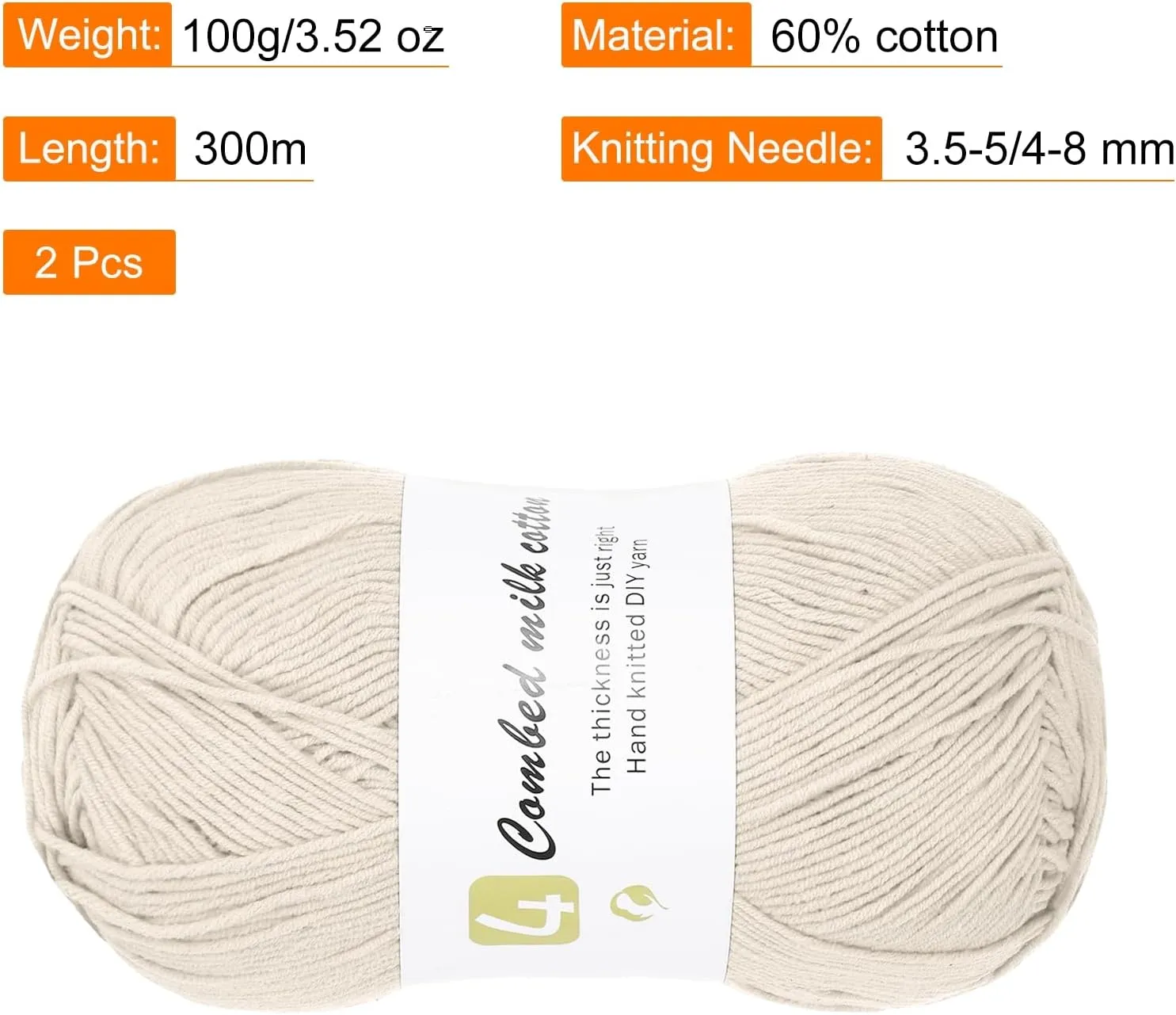 Cotton Yarn, 60% Cotton, 40% Acrylic Soft Knitting Yarn [for Hand DIY Bag Cushion Crocheting Knitting ] -2 Packages of 100g/3.52oz(Per Skein 100g/361yards)/Beige