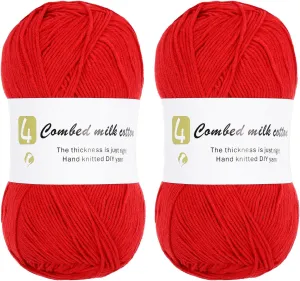 Cotton Yarn, 60% Cotton, 40% Acrylic Soft Knitting Yarn [for Hand DIY Bag Cushion Crocheting Knitting ] -2 Packages of 100g/3.52oz(Per Skein 100g/361yards)/Bright Red