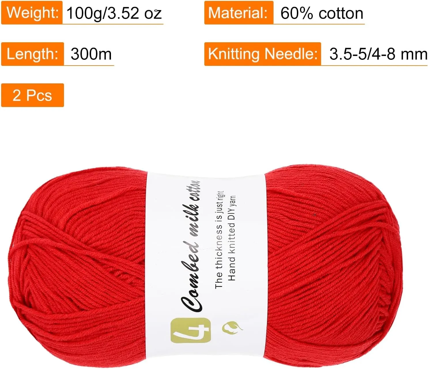 Cotton Yarn, 60% Cotton, 40% Acrylic Soft Knitting Yarn [for Hand DIY Bag Cushion Crocheting Knitting ] -2 Packages of 100g/3.52oz(Per Skein 100g/361yards)/Bright Red