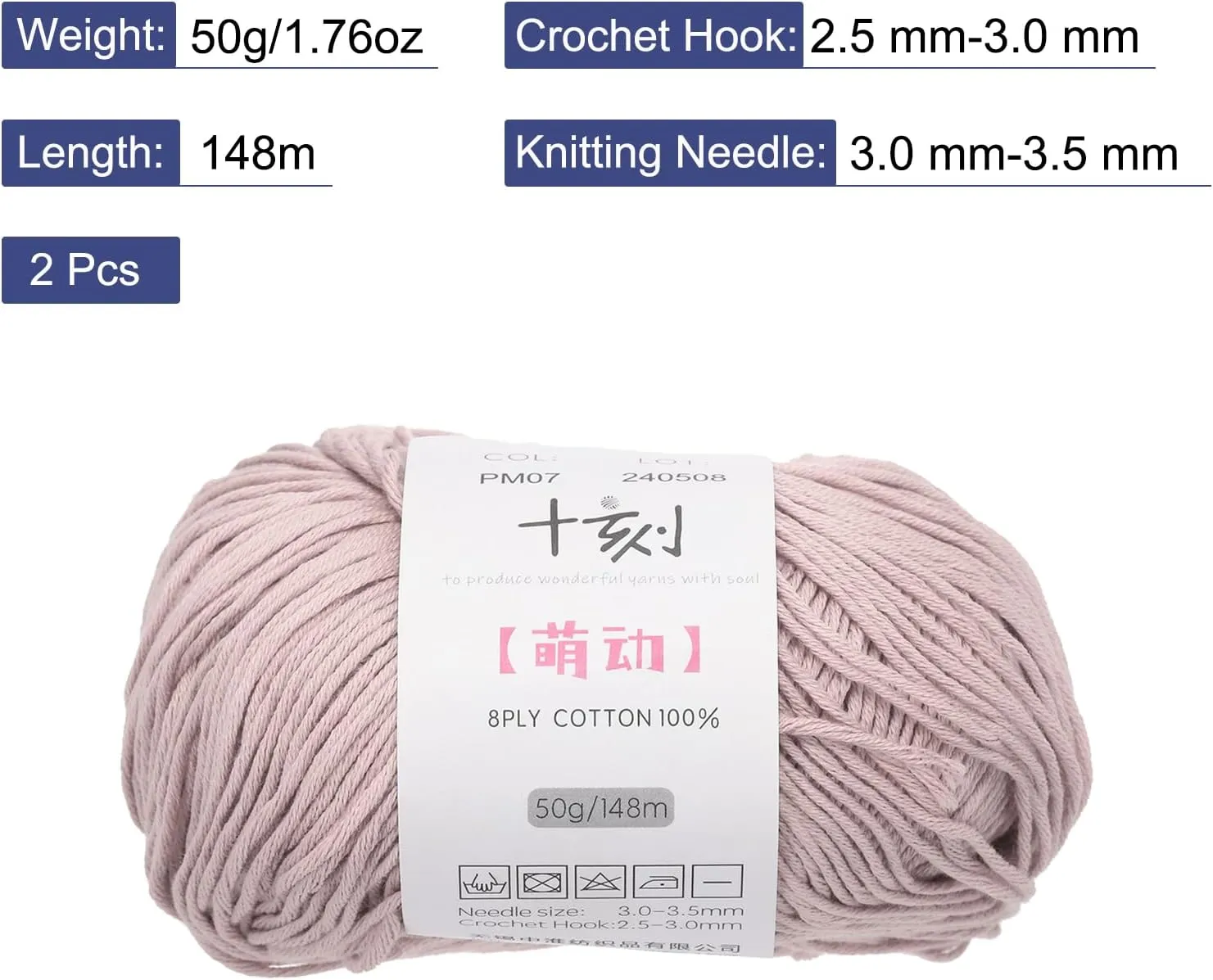 Cotton Yarn,100% Cotton Soft Knitting Yarn [for Hand DIY Bag Cushion Crocheting Knitting Project Home Decor] -2 Packages of 100g/3.52oz(Per Skein 50g/164yards)/Light Pink