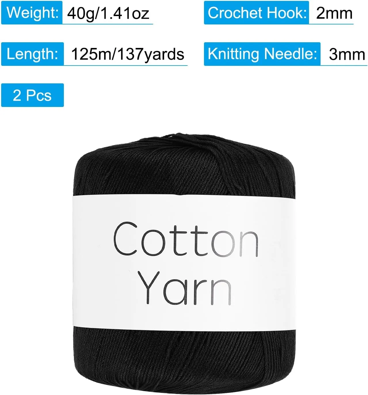 Cotton Yarn,100% Cotton Soft Knitting Yarn [for Hand DIY Bag Cushion Crocheting Knitting Project Home Decor] -2 Packages of 80g/2.82oz(Per Skein 40g/137yards)/Black
