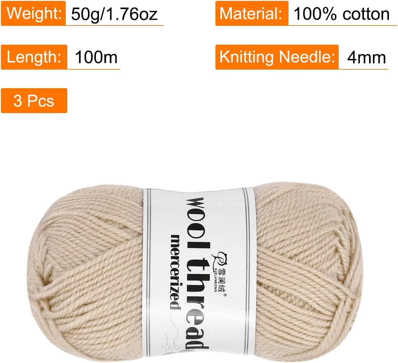 Cotton Yarn,100% Cotton Soft Knitting Yarn [for Hand DIY Bag Cushion Crocheting Knitting Project Home Decor] -3 Skeins of 150g/5.29oz(Per Skein 50g/109yards)/Beige