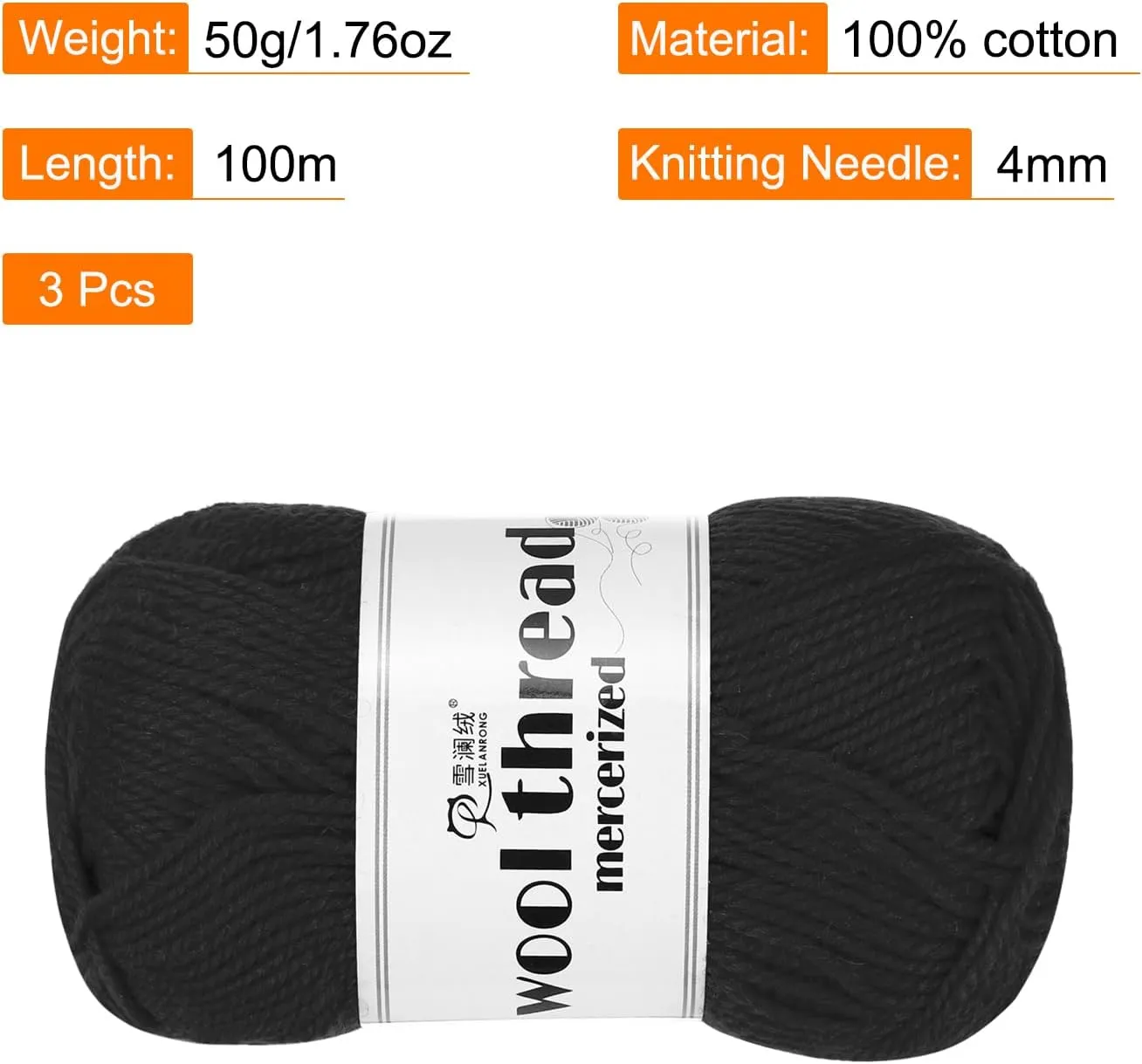 Cotton Yarn,100% Cotton Soft Knitting Yarn [for Hand DIY Bag Cushion Crocheting Knitting Project Home Decor] -3 Skeins of 150g/5.29oz(Per Skein 50g/109yards)/Black