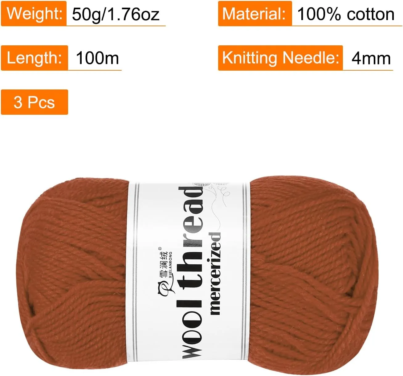 Cotton Yarn,100% Cotton Soft Knitting Yarn [for Hand DIY Bag Cushion Crocheting Knitting Project Home Decor] -3 Skeins of 150g/5.29oz(Per Skein 50g/109yards)/Brown
