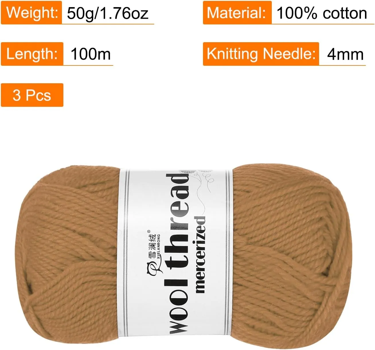 Cotton Yarn,100% Cotton Soft Knitting Yarn [for Hand DIY Bag Cushion Crocheting Knitting Project Home Decor] -3 Skeins of 150g/5.29oz(Per Skein 50g/109yards)/Coffee