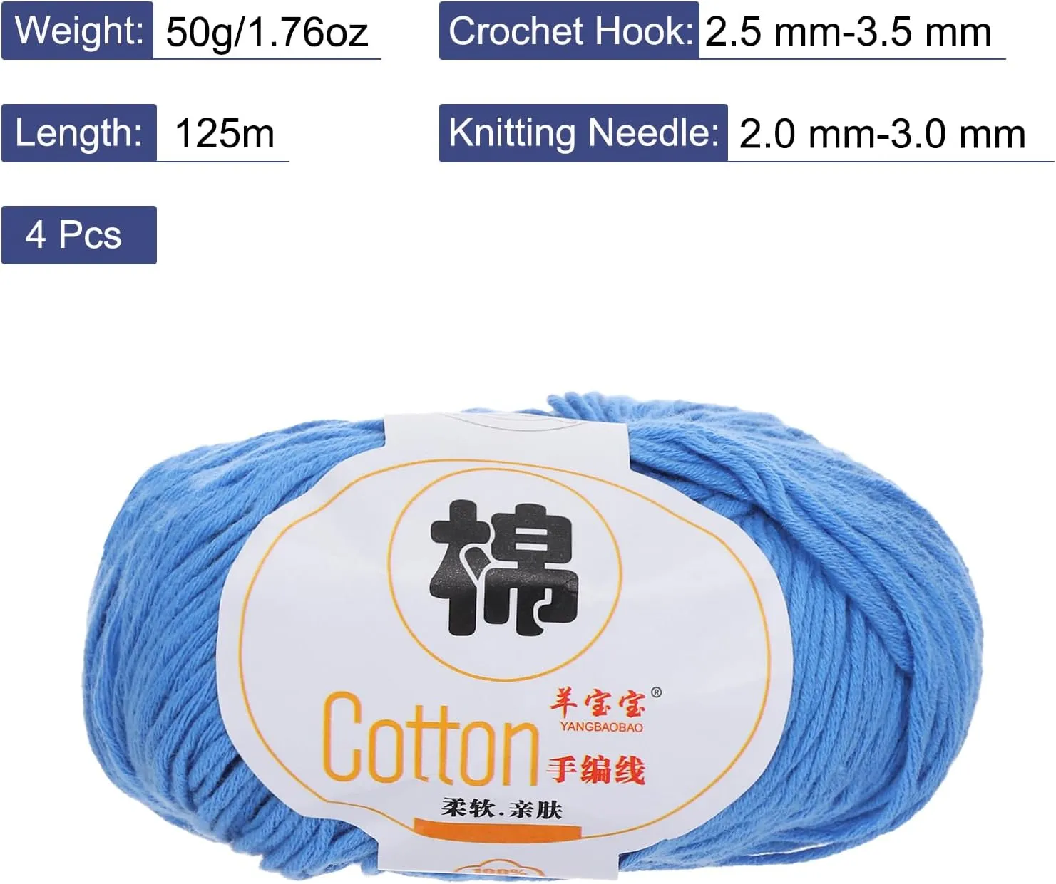 Cotton Yarn,100% Cotton Soft Knitting Yarn [for Hand DIY Bag Cushion Crocheting Knitting Project Home Decor] -4 Packages of 200g/7.05oz(Per Skein 50g/137yards)/Blue