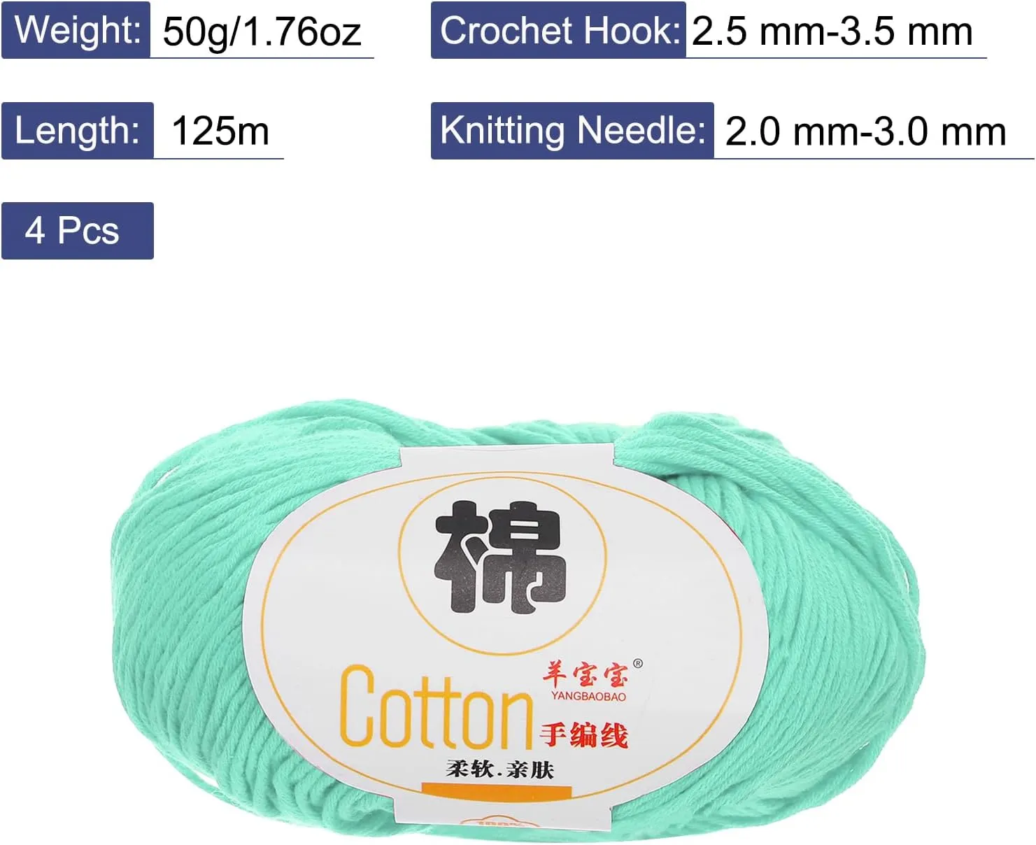 Cotton Yarn,100% Cotton Soft Knitting Yarn [for Hand DIY Bag Cushion Crocheting Knitting Project Home Decor] -4 Packages of 200g/7.05oz(Per Skein 50g/137yards)/Cyan