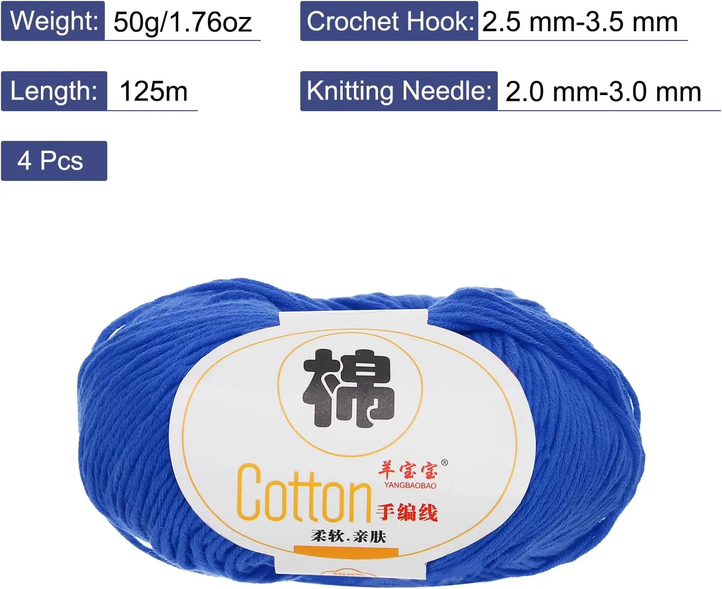 Cotton Yarn,100% Cotton Soft Knitting Yarn [for Hand DIY Bag Cushion Crocheting Knitting Project Home Decor] -4 Packages of 200g/7.05oz(Per Skein 50g/137yards)/Dark Blue
