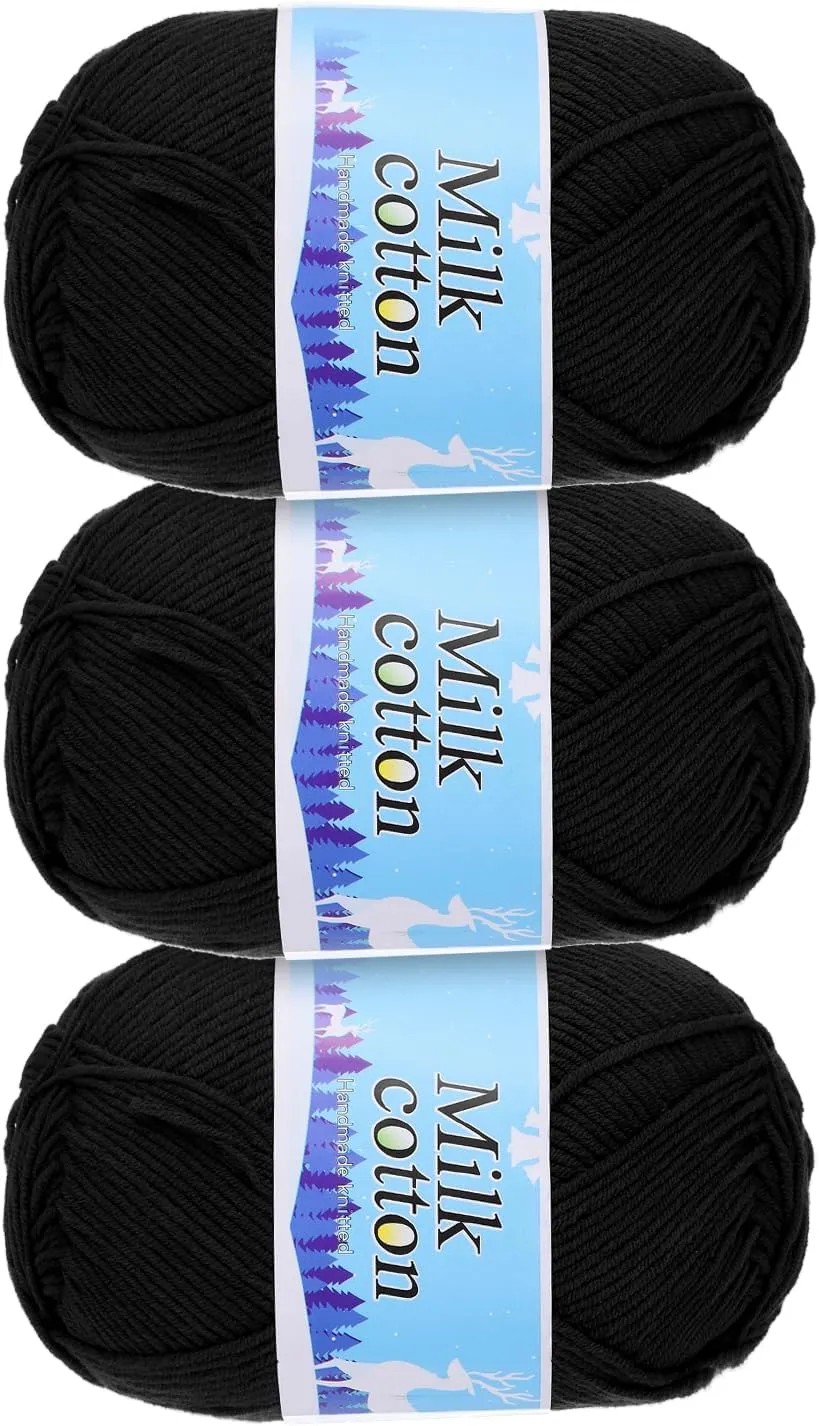 Cotton Yarn,60% Cotton and 40% Acrylic Fibers Soft Knitting Yarn [for Hand DIY Bag Cushion Crocheting Knitting Projects Home Decor], -3 Skeins/3×252yards/3×4.23oz/Black