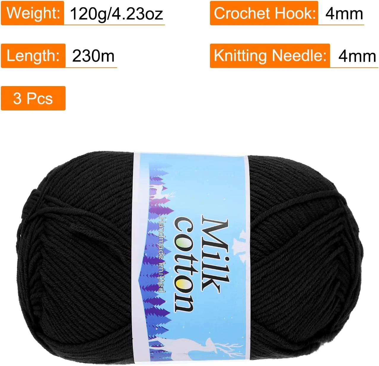Cotton Yarn,60% Cotton and 40% Acrylic Fibers Soft Knitting Yarn [for Hand DIY Bag Cushion Crocheting Knitting Projects Home Decor], -3 Skeins/3×252yards/3×4.23oz/Black