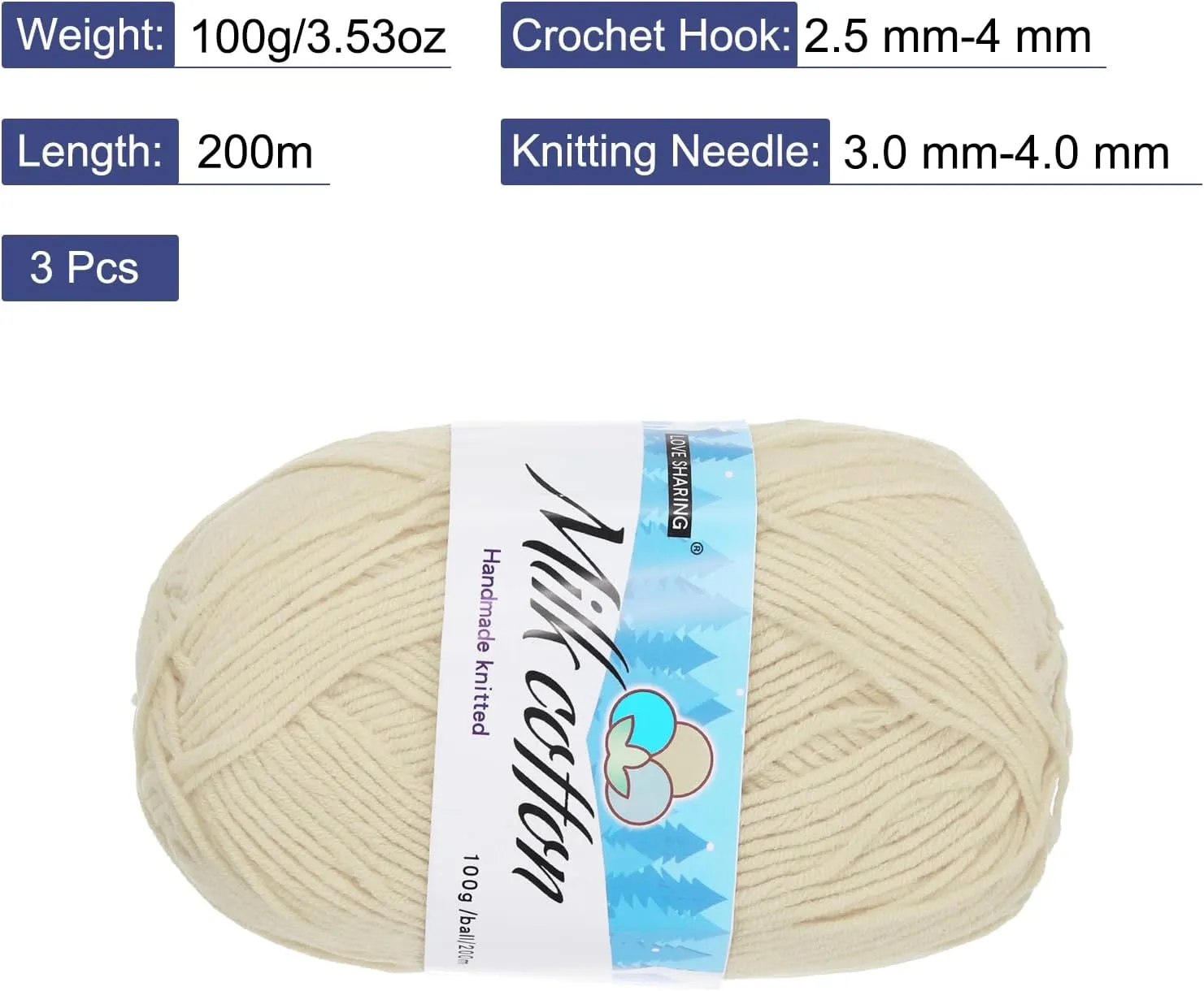 Cotton Yarn,65% Cotton and 35% Acrylic Fibers Soft Knitting Yarn [for Hand DIY Bag Cushion Crocheting Knitting Projects Home Decor], -3 Skeins/3×218yards/3×3.53oz/Beige
