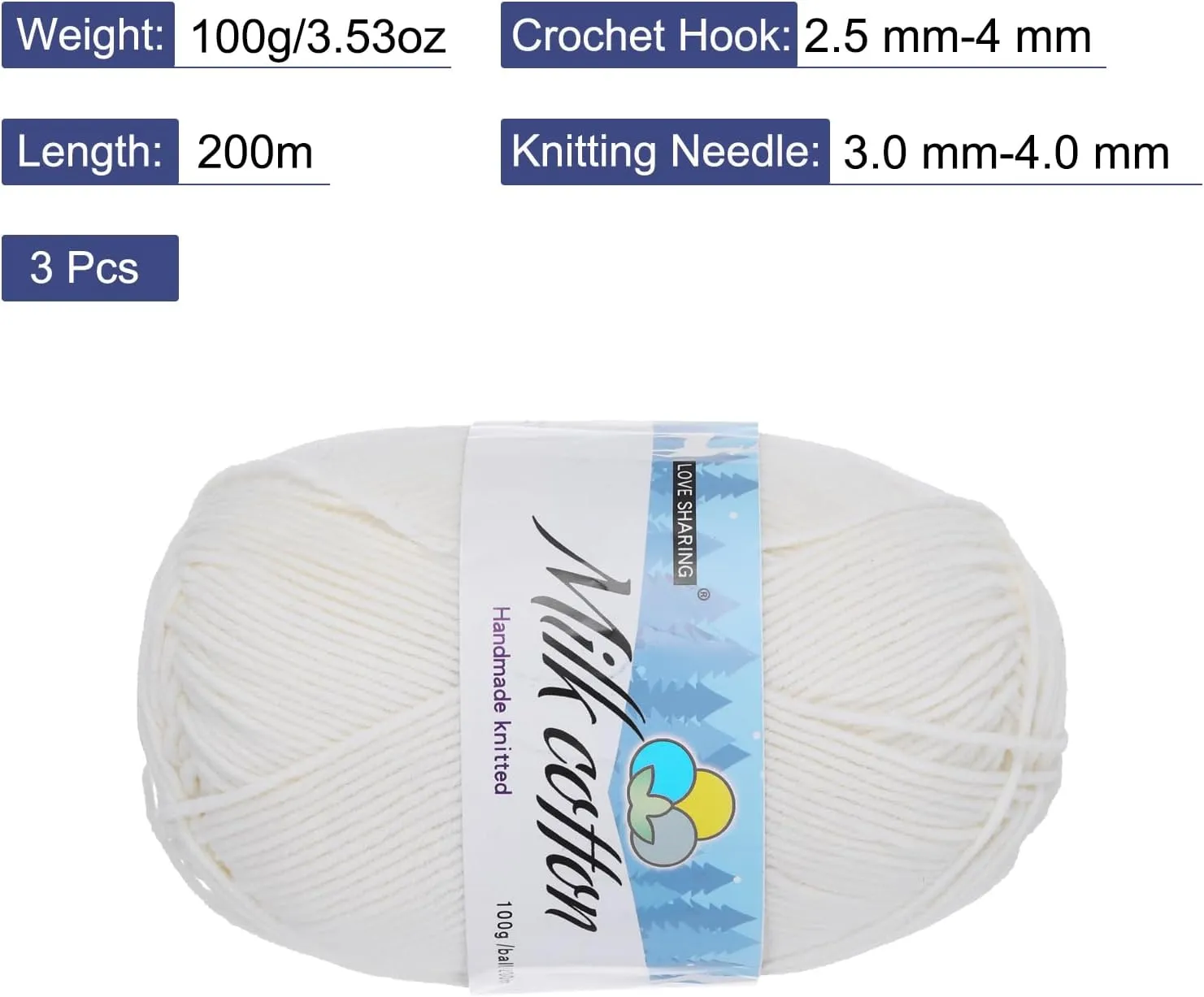 Cotton Yarn,65% Cotton and 35% Acrylic Fibers Soft Knitting Yarn [for Hand DIY Bag Cushion Crocheting Knitting Projects Home Decor], -3 Skeins/3×218yards/3×3.53oz/Cream