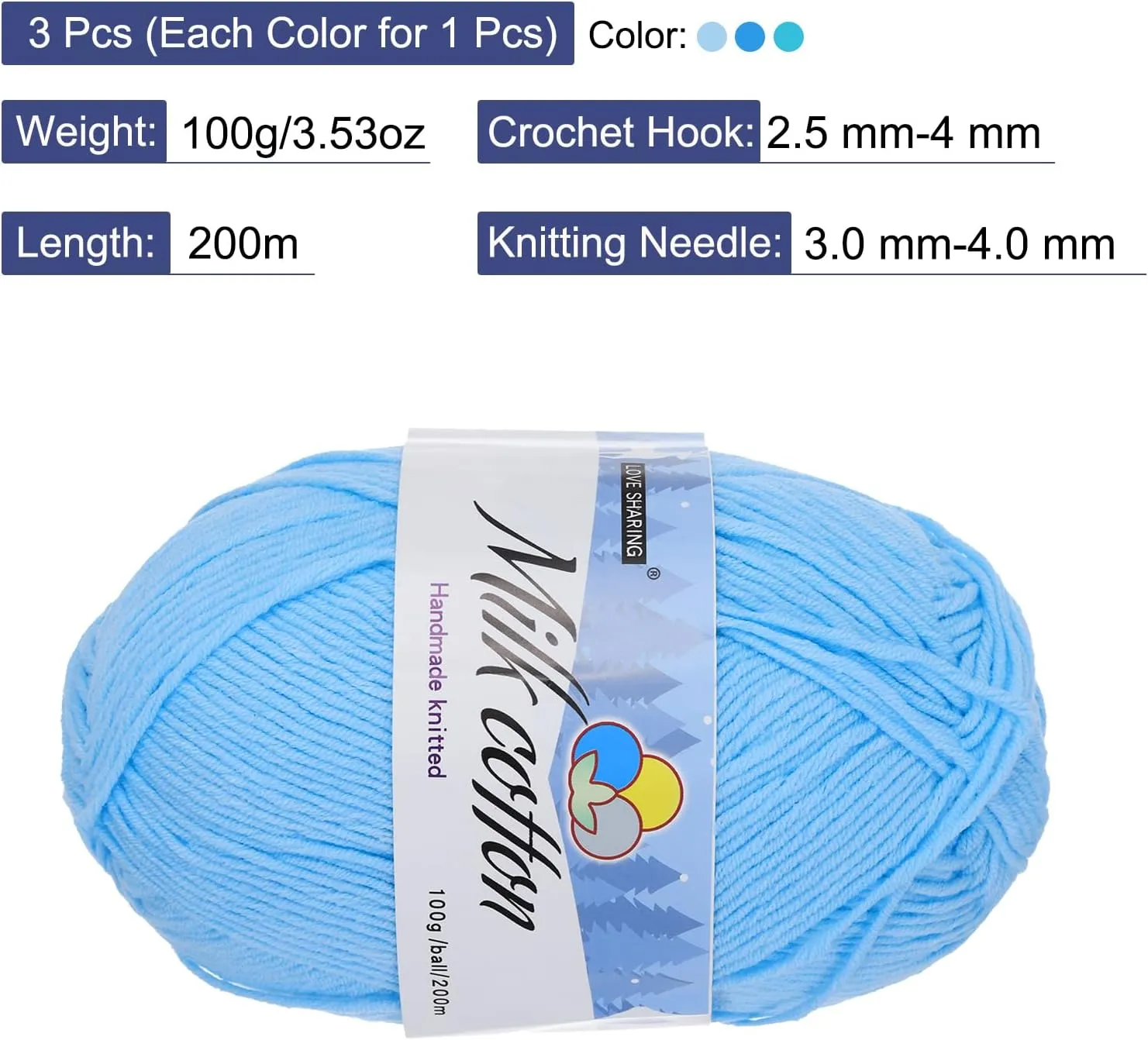 Cotton Yarn,65% Cotton and 35% Acrylic Fibers Soft Knitting Yarn[for Hand DIY Cushion Crocheting Knitting Projects Decor],3 Skeins/3×218yards/3×3.53oz/Light Blue/Lake Blue/Sky Blue