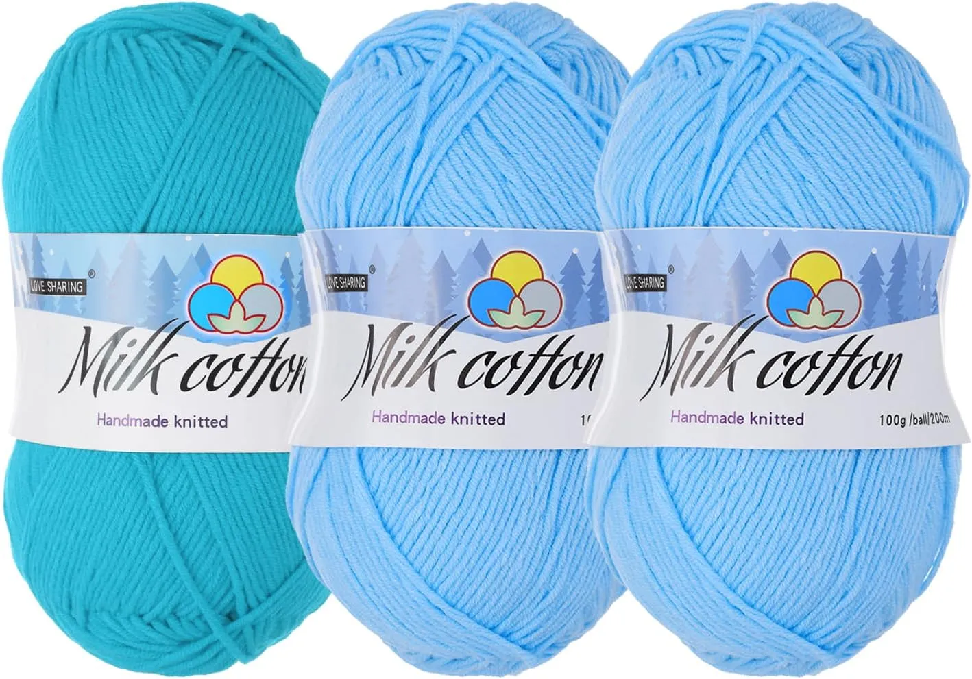 Cotton Yarn,65% Cotton and 35% Acrylic Fibers Soft Knitting Yarn[for Hand DIY Cushion Crocheting Knitting Projects Decor],3 Skeins/3×218yards/3×3.53oz/Light Blue/Lake Blue/Sky Blue