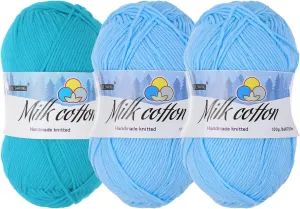 Cotton Yarn,65% Cotton and 35% Acrylic Fibers Soft Knitting Yarn[for Hand DIY Cushion Crocheting Knitting Projects Decor],3 Skeins/3×218yards/3×3.53oz/Light Blue/Lake Blue/Sky Blue