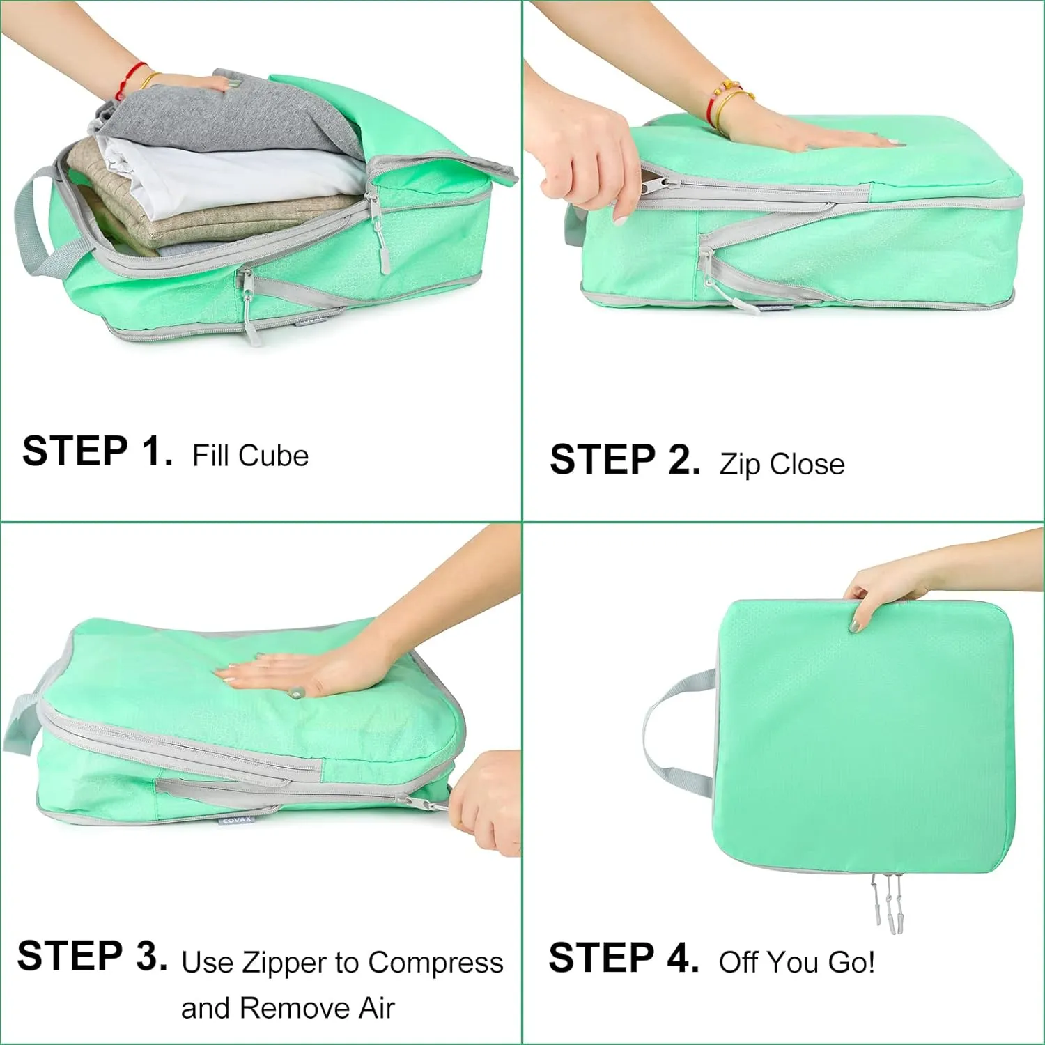 COVAX 4 Set Compression Packing Cubes, Travel Luggage Organizers and Storage Packing Cubes (Green)