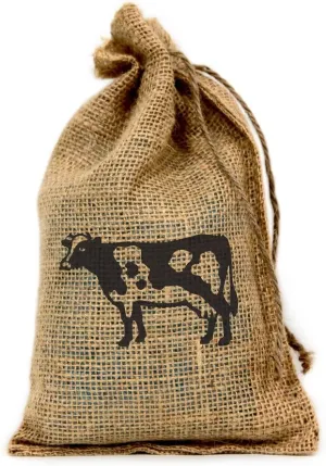 Cow, Customized 6" X 10" Burlap Party Favor Bag with Drawstring - Set of 10