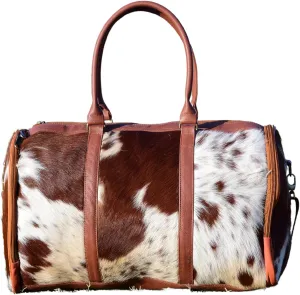 Cow Hide Duffel Bag, Hair On Pony Skin, Travel Luggage, Western Style (White And Tan)