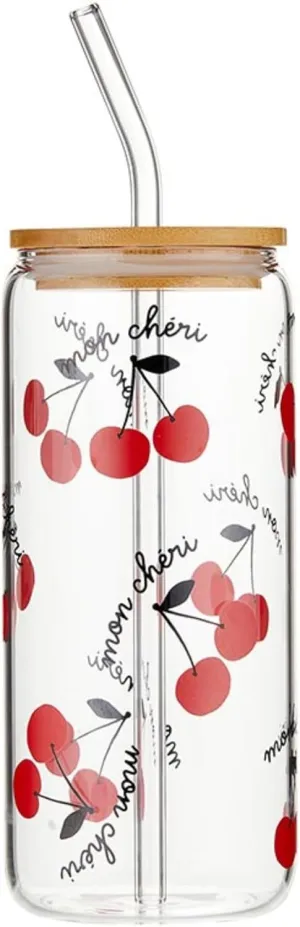 Creative Brands Bella Mon Cheri Red Cherry Pattern 20 ounce Glass Bamboo Drinking Smoothing Travel Tumbler with Straw