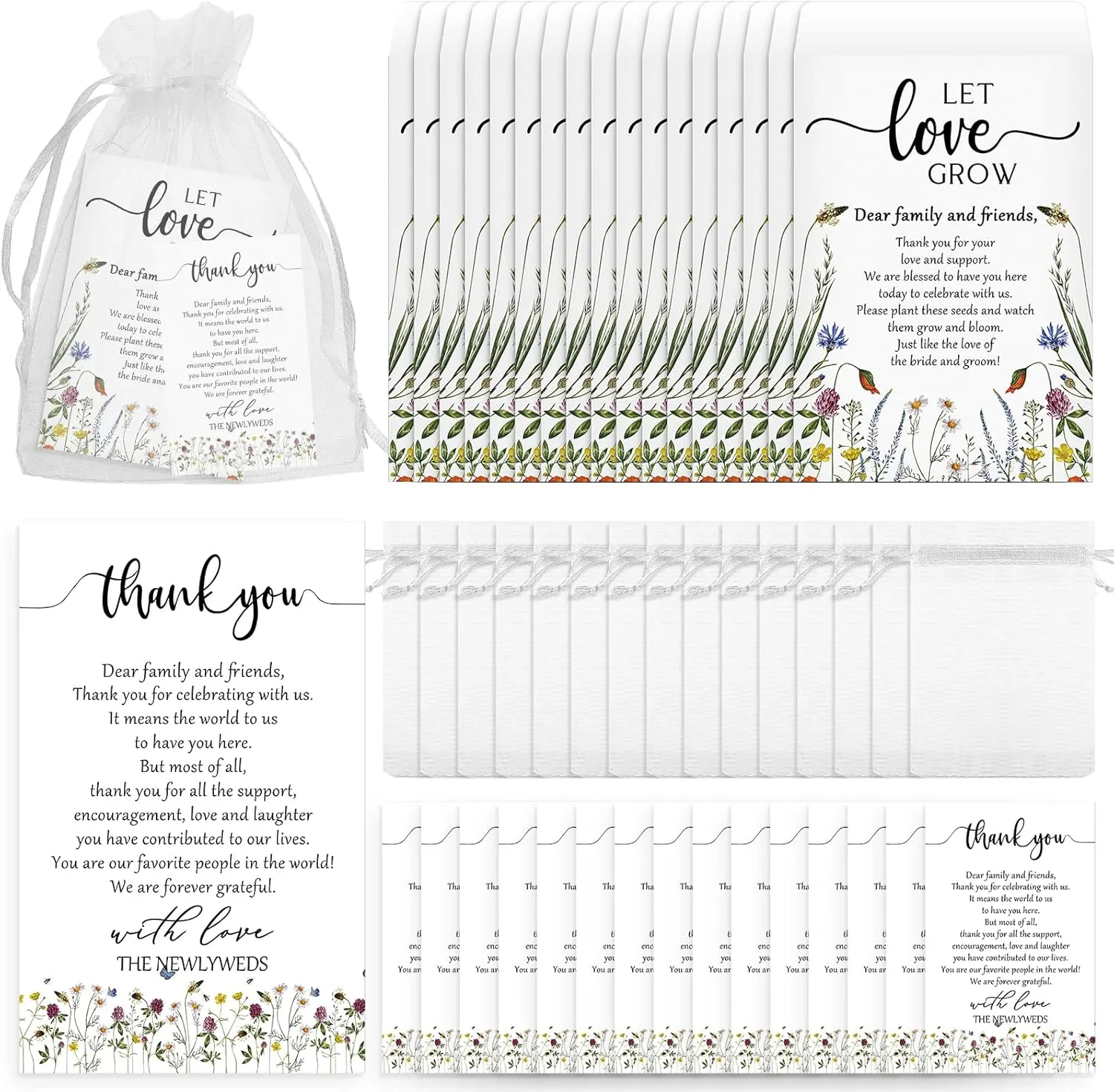 Ctosree 100 Set Wedding Favors for Guests Bulk Include 100 Pcs Self Adhesive Seed Packets Kraft Paper Seed Envelopes Let Love Grow Cards and Organza Gift Bags for Bridal Shower (Retro)