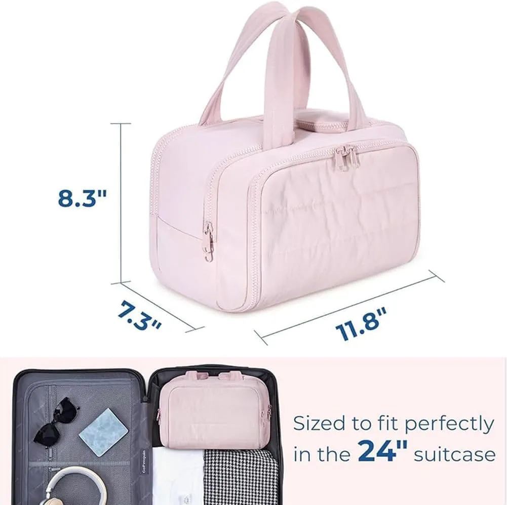 Cureaway Travel Cosmetic Bag, Cureaway Large Capacity Wide-Open Travel Cosmetic Bag, Waterproof Portable Pouch Open Flat Toiletry Bags, for Toiletries Storage (Pink)