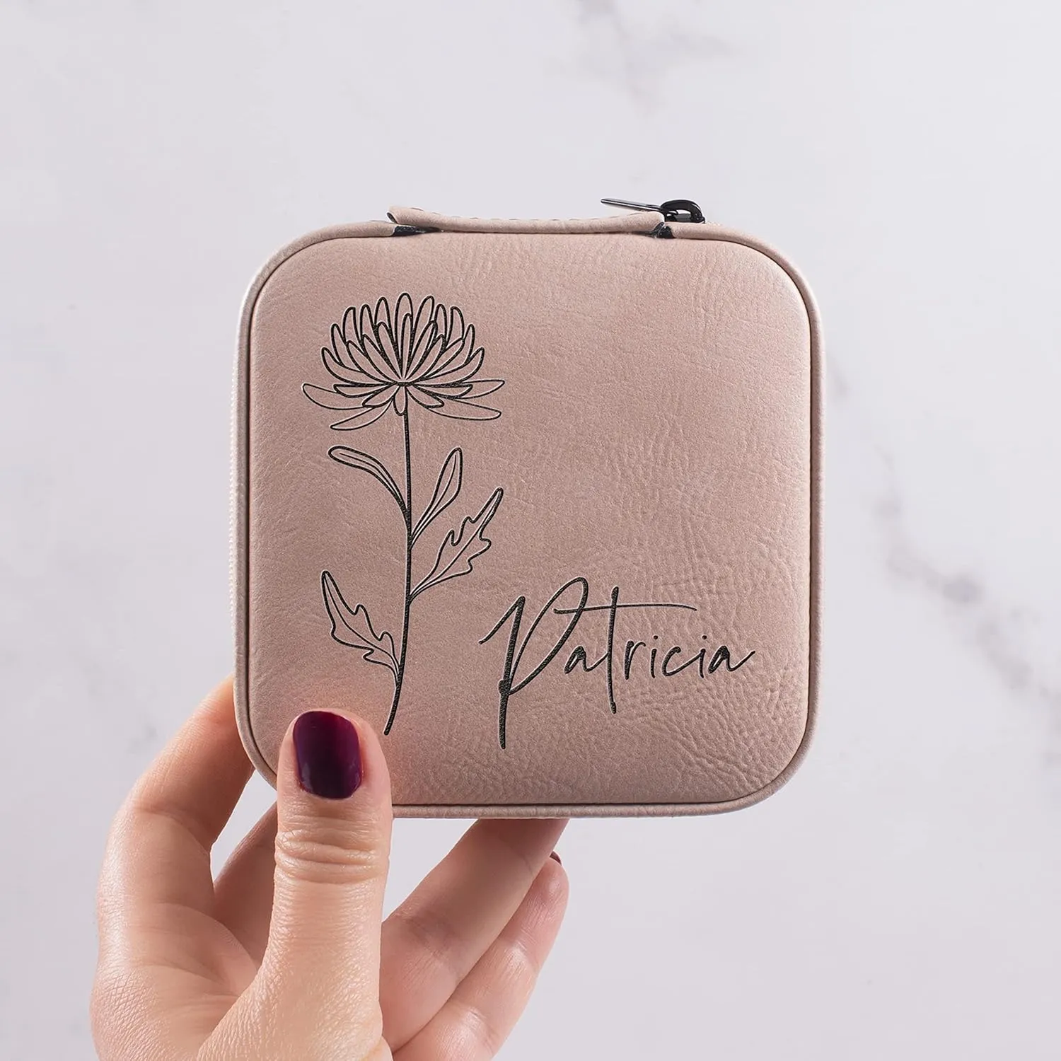 Custom Leather Customized Jewelry Organizer Box w/Name & Birth Flower Month - Birthday Gifts for Women, Mom Personalized Jewelry Travel Case - Beige